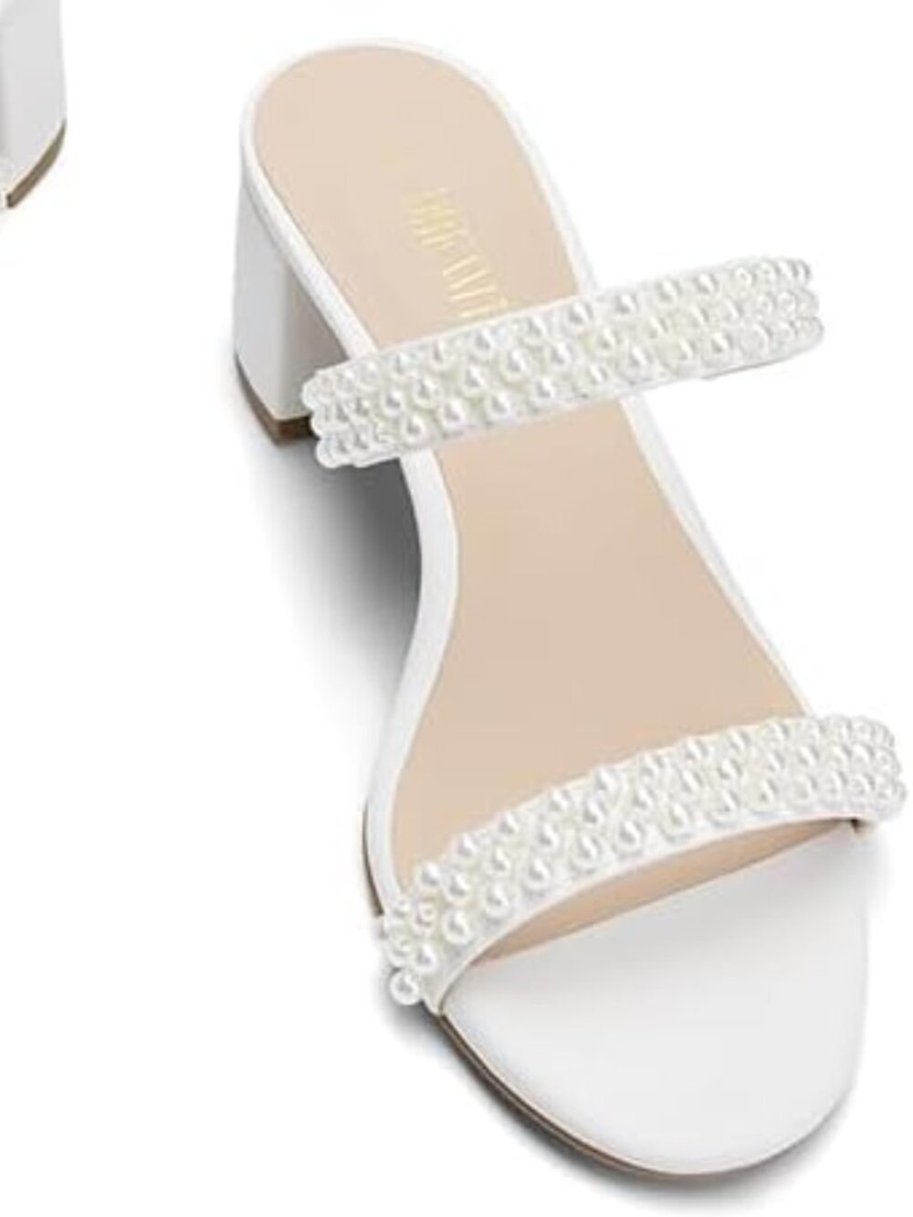 Women's White-Pearl Faux Leather Summer Open Toe Slip On Chunky Low Heel Pumps